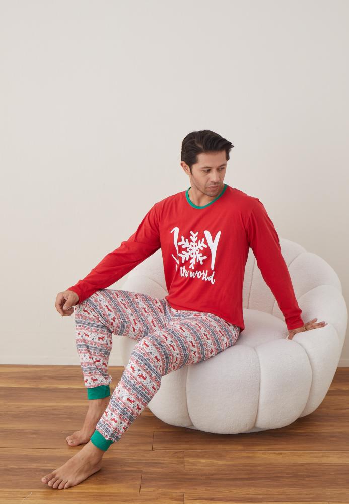 Pijama barbat Craciun maneca lunga pantaloni lungi rosu Joy ENGROS